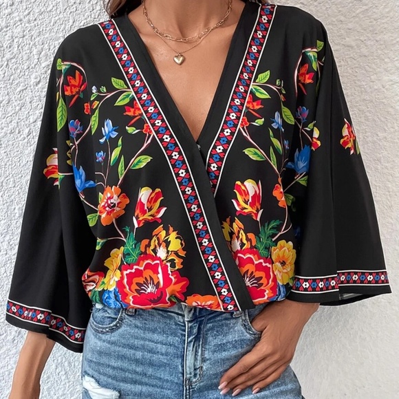 Tops - Boho Floral Print Kimono Sleeve Blouse